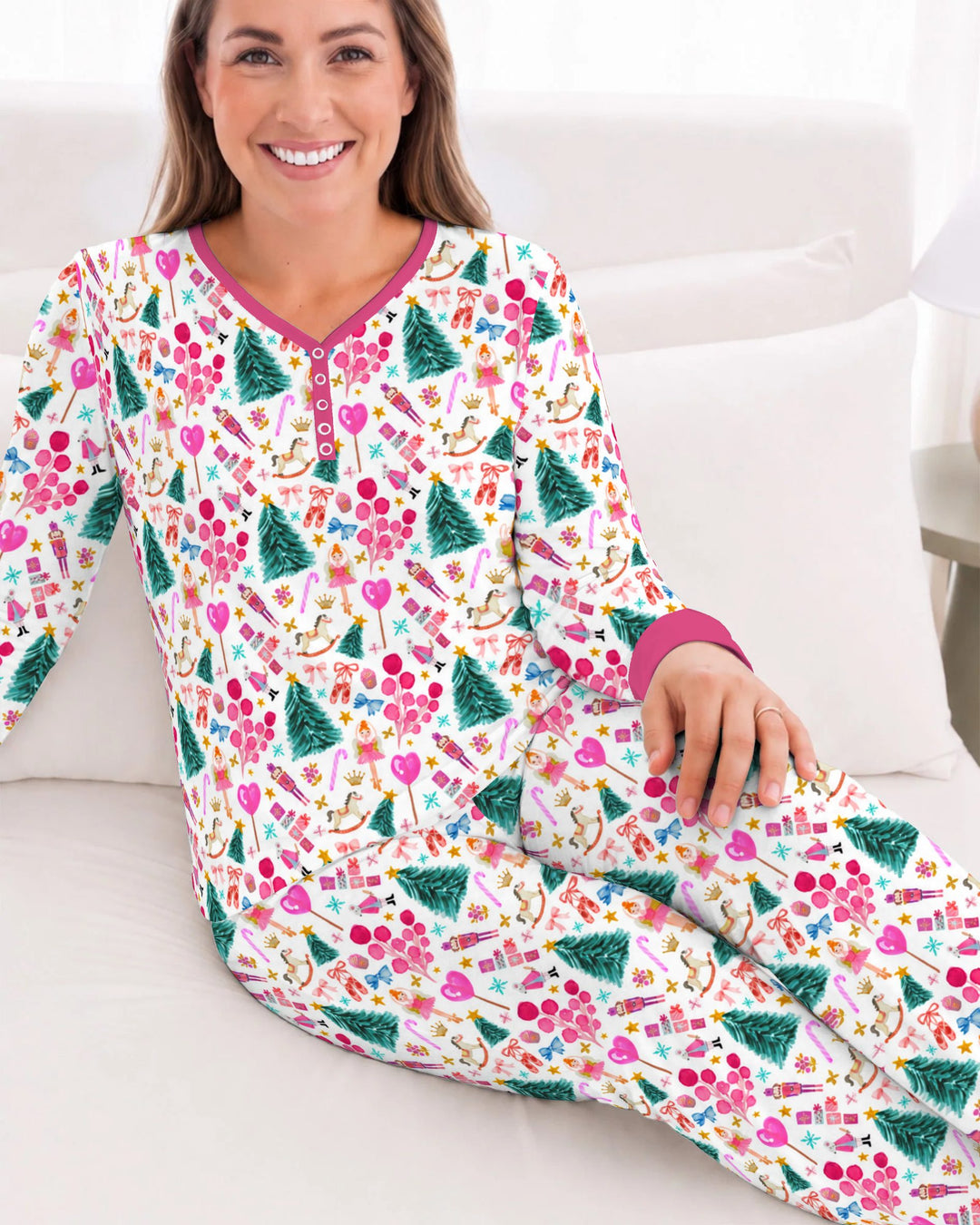 Whimsical Pink Nutcracker Christmas Doodle Seamless Pattern Bamboo Women Pajama Set
