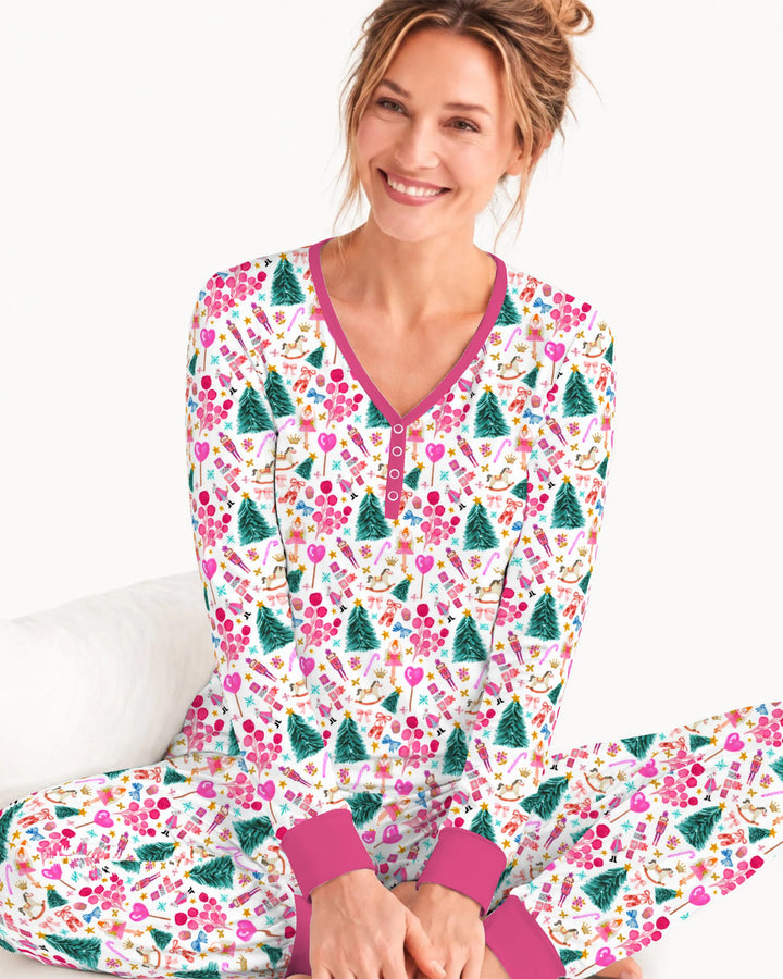 Whimsical Pink Nutcracker Christmas Doodle Seamless Pattern Bamboo Women Pajama Set