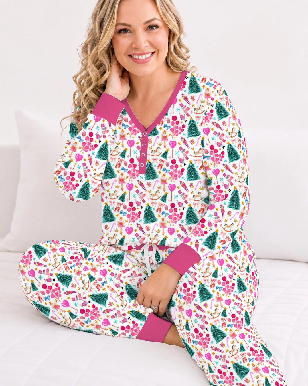 Whimsical Pink Nutcracker Christmas Doodle Seamless Pattern Bamboo Women Pajama Set
