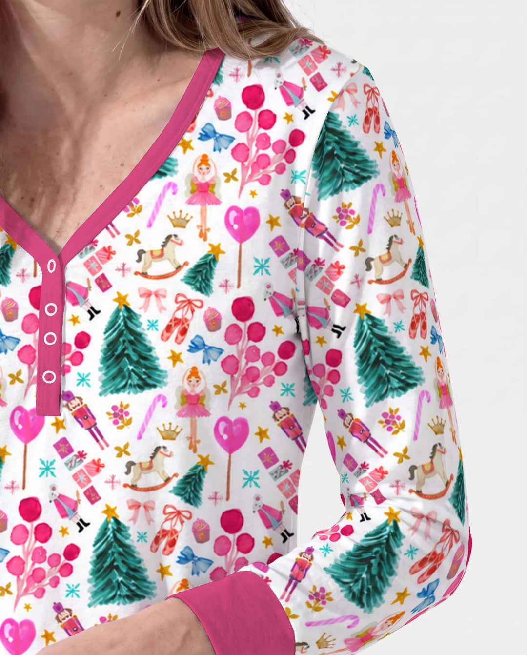 Whimsical Pink Nutcracker Christmas Doodle Seamless Pattern Bamboo Women Pajama Set