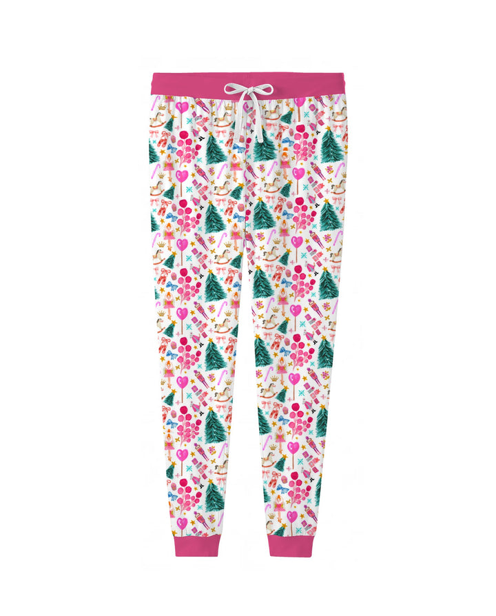 Whimsical Pink Nutcracker Christmas Doodle Seamless Pattern Bamboo Women Pajama Set