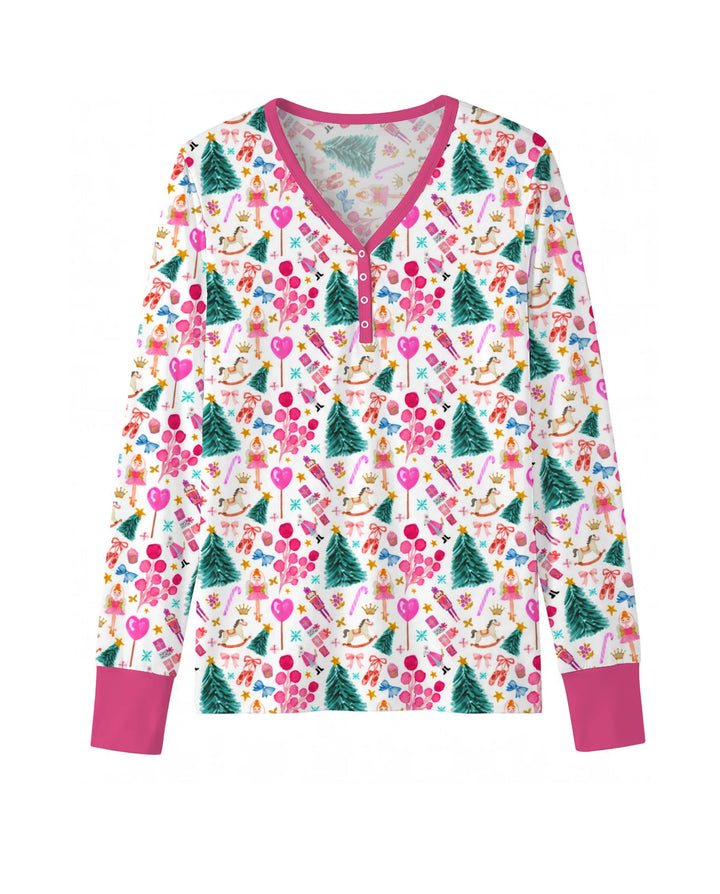 Whimsical Pink Nutcracker Christmas Doodle Seamless Pattern Bamboo Women Pajama Set
