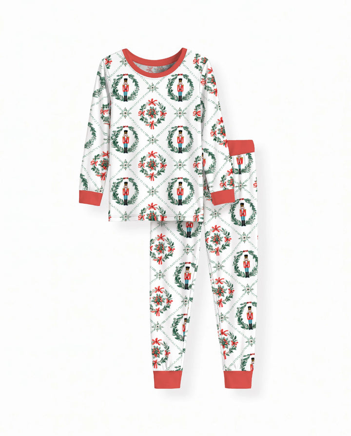 Classic Nutcracker Christmas Wreath Seamless Pattern Bamboo Two Piece Long Sleeve Pajama Set