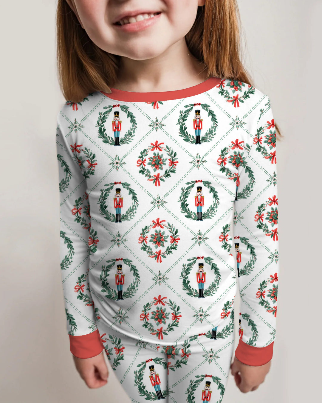 Classic Nutcracker Christmas Wreath Seamless Pattern Bamboo Two Piece Long Sleeve Pajama Set