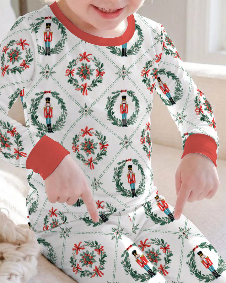 Classic Nutcracker Christmas Wreath Seamless Pattern Bamboo Two Piece Long Sleeve Pajama Set