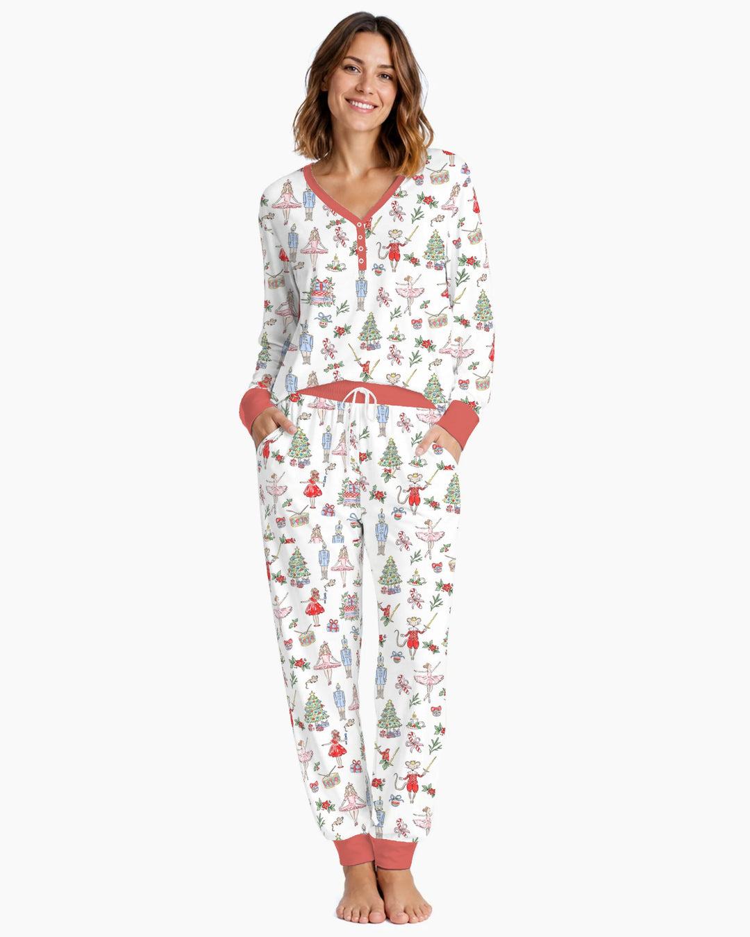 Nutcracker Ballet Christmas Storybook Seamless Pattern Bamboo Women Pajama Set