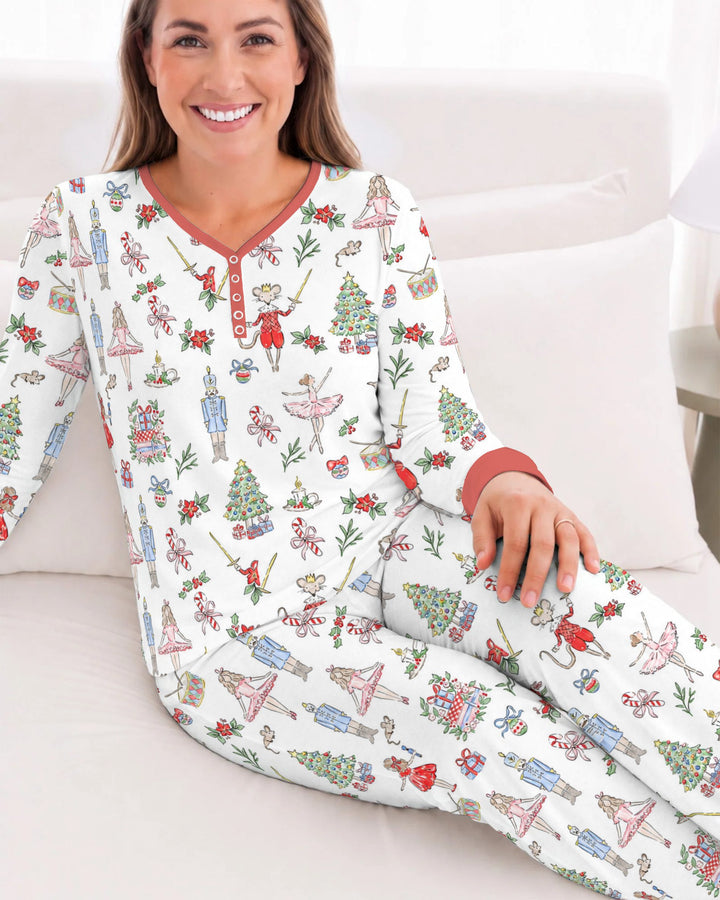Nutcracker Ballet Christmas Storybook Seamless Pattern Bamboo Women Pajama Set