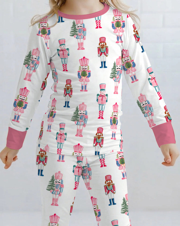 Pastel Pink Nutcracker Soldiers Seamless Pattern Bamboo Two Piece Long Sleeve Pajama Set