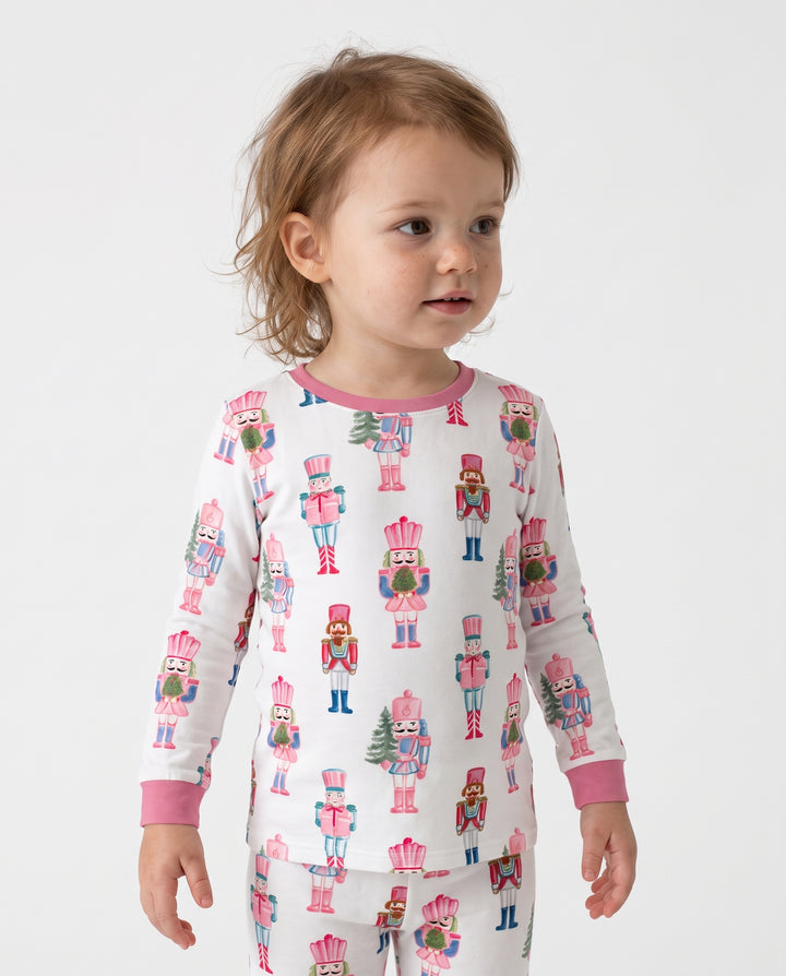 Pastel Pink Nutcracker Soldiers Seamless Pattern Bamboo Two Piece Long Sleeve Pajama Set
