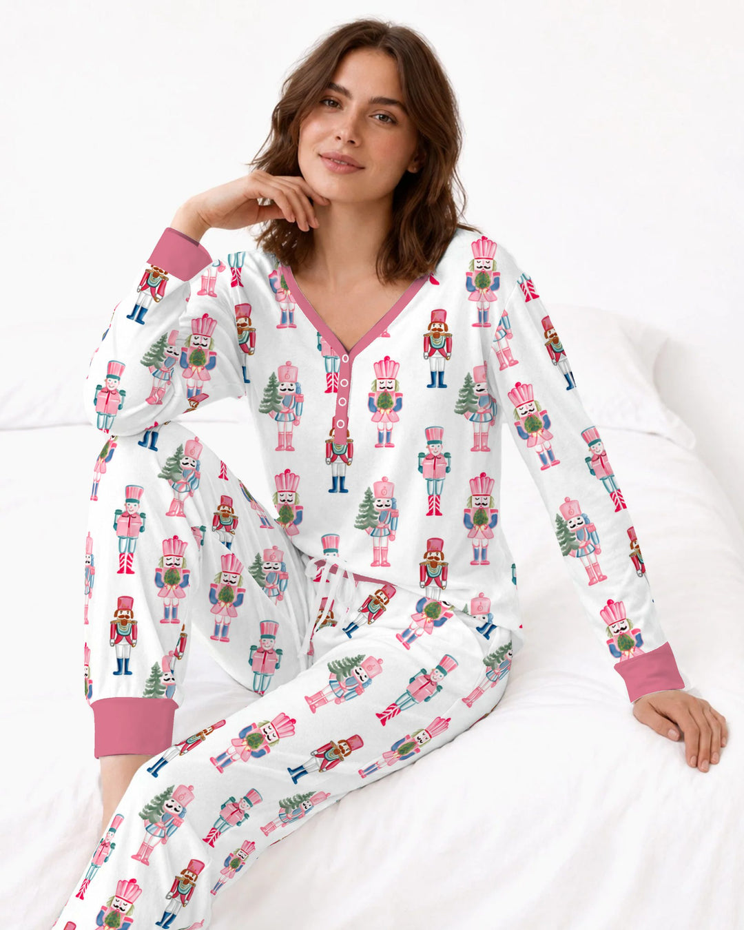 Pastel Pink Nutcracker Soldiers Seamless Pattern Bamboo Women Pajama Set