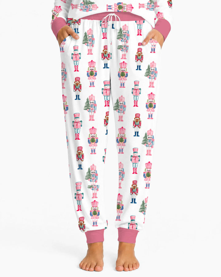 Pastel Pink Nutcracker Soldiers Seamless Pattern Bamboo Women Pajama Set