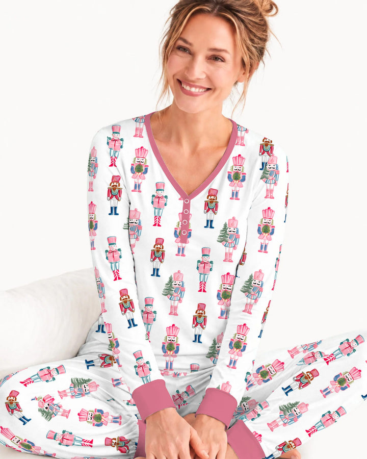 Pastel Pink Nutcracker Soldiers Seamless Pattern Bamboo Women Pajama Set