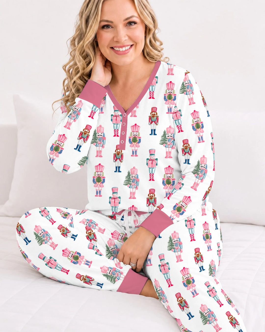 Pastel Pink Nutcracker Soldiers Seamless Pattern Bamboo Women Pajama Set