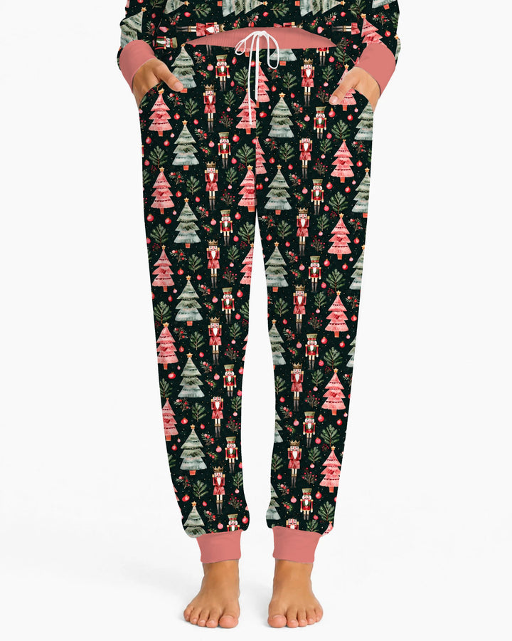Dark Moody Nutcracker Christmas Trees Seamless Pattern Bamboo Women Pajama Set
