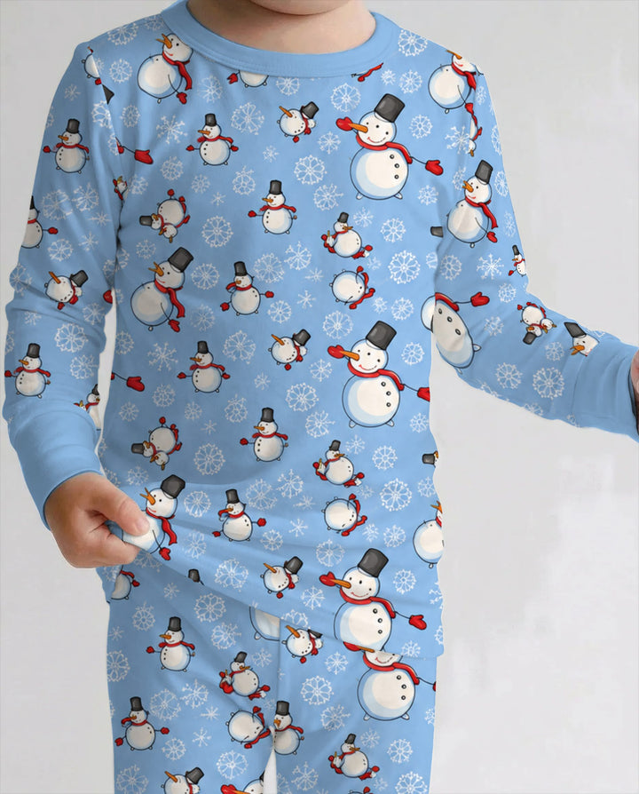 Cute Snowman Winter Snowflakes Seamless Pattern Bamboo Two Piece Long Sleeve Pajama Set