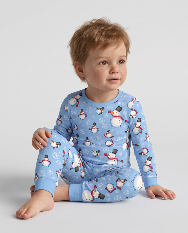 Cute Snowman Winter Snowflakes Seamless Pattern Bamboo Two Piece Long Sleeve Pajama Set