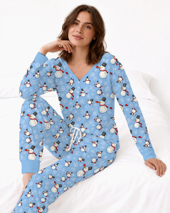 Cute Snowman Winter Snowflakes Seamless Pattern Bamboo Women Pajama Set