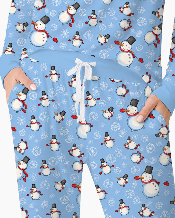 Cute Snowman Winter Snowflakes Seamless Pattern Bamboo Women Pajama Set