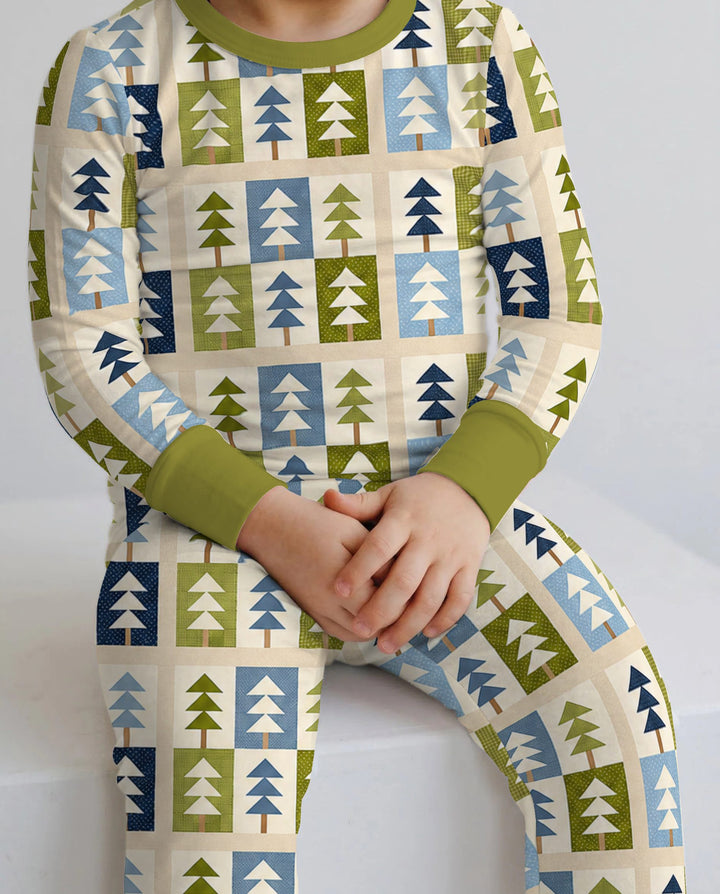 Retro Geometric Christmas Tree Patchwork Seamless Pattern Bamboo Two Piece Long Sleeve Pajama Set
