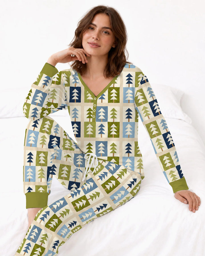 Retro Geometric Christmas Tree Patchwork Seamless Pattern Bamboo Women Pajama Set