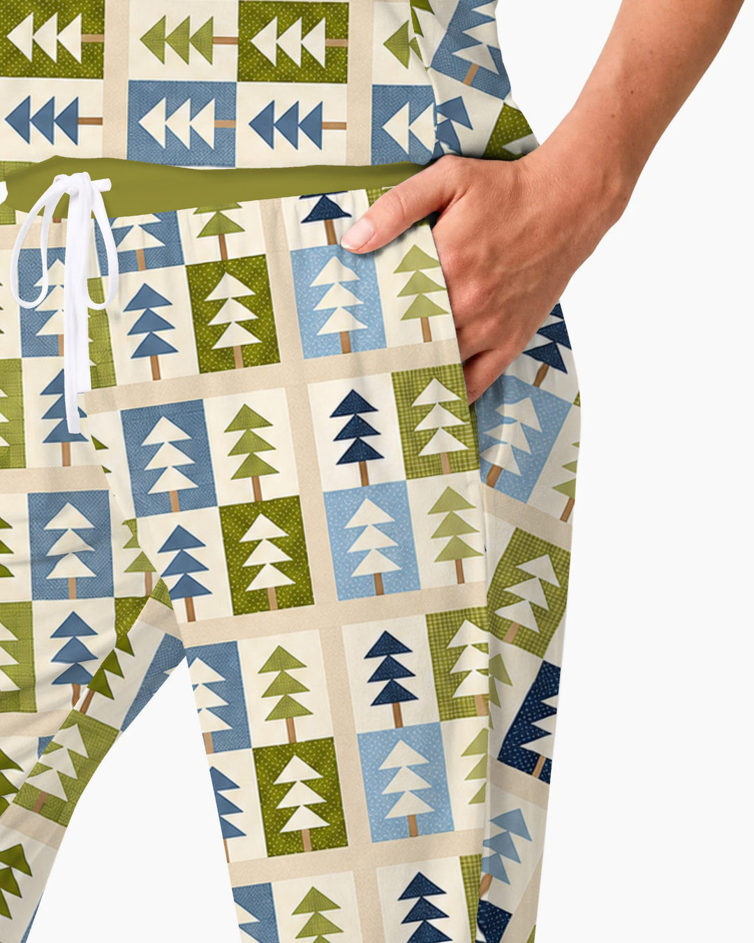 Retro Geometric Christmas Tree Patchwork Seamless Pattern Bamboo Women Pajama Set