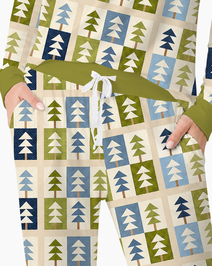 Retro Geometric Christmas Tree Patchwork Seamless Pattern Bamboo Women Pajama Set