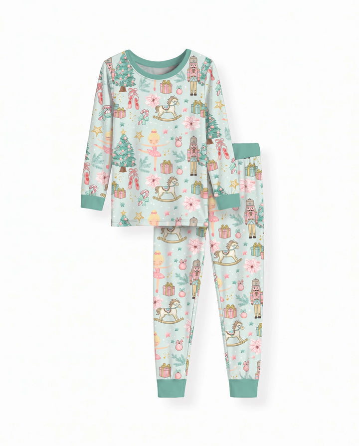 Pastel Nutcracker Ballerina Christmas Seamless Pattern Bamboo Two Piece Long Sleeve Pajama Set