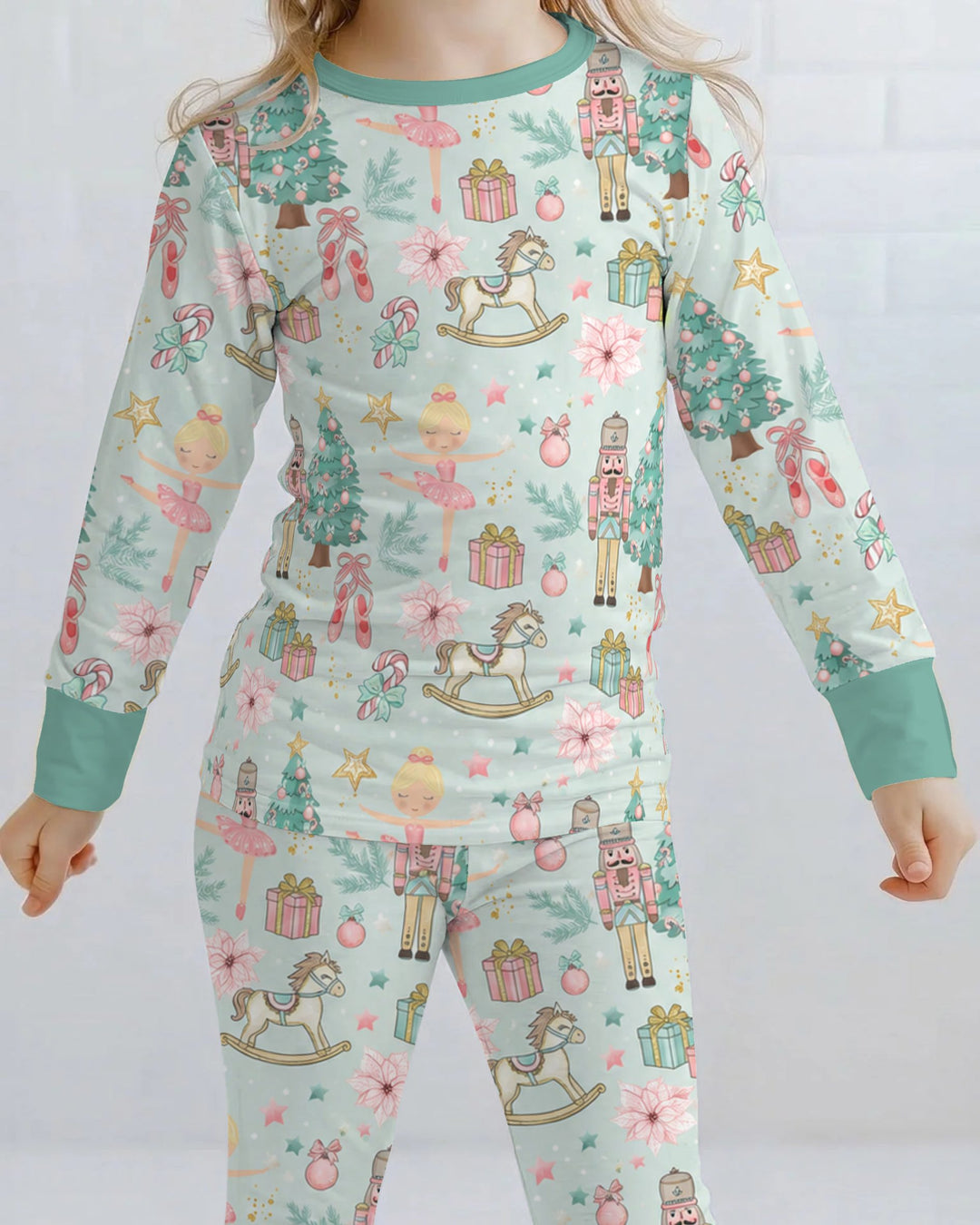 Pastel Nutcracker Ballerina Christmas Seamless Pattern Bamboo Two Piece Long Sleeve Pajama Set