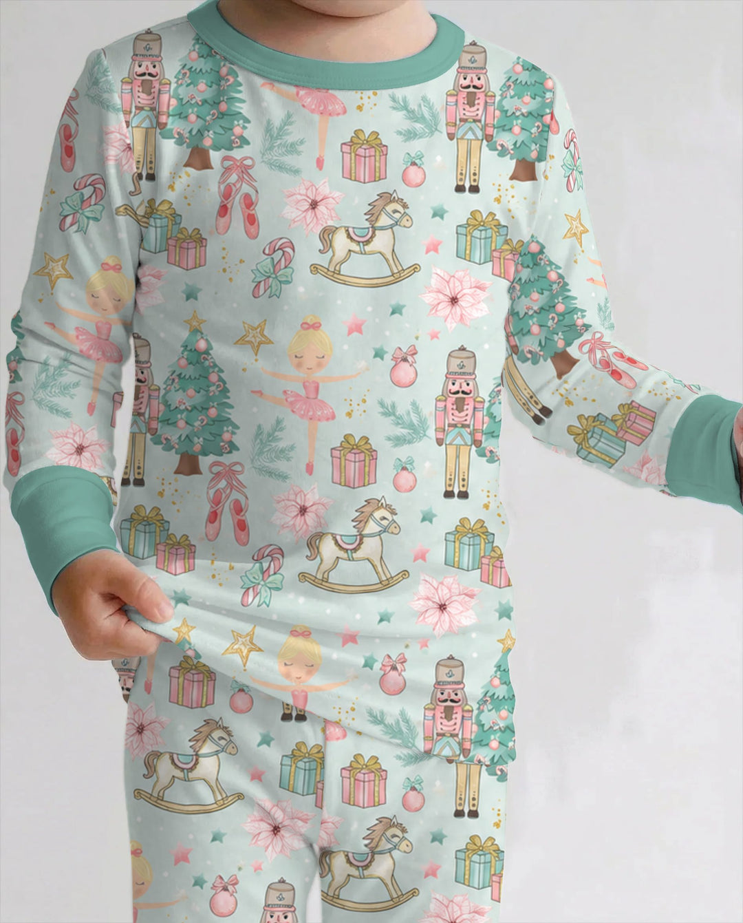 Pastel Nutcracker Ballerina Christmas Seamless Pattern Bamboo Two Piece Long Sleeve Pajama Set