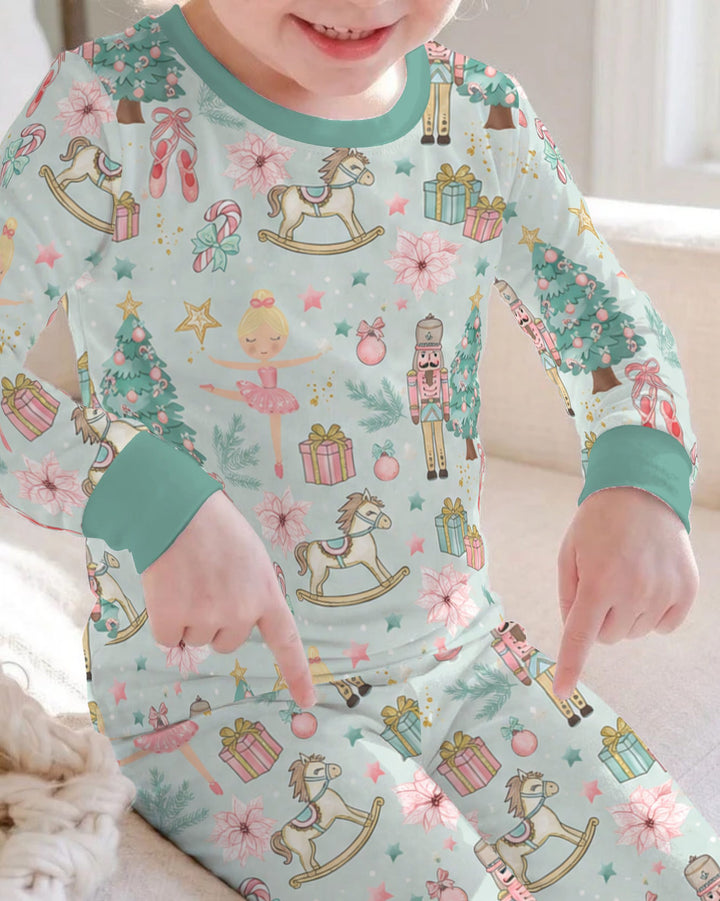 Pastel Nutcracker Ballerina Christmas Seamless Pattern Bamboo Two Piece Long Sleeve Pajama Set