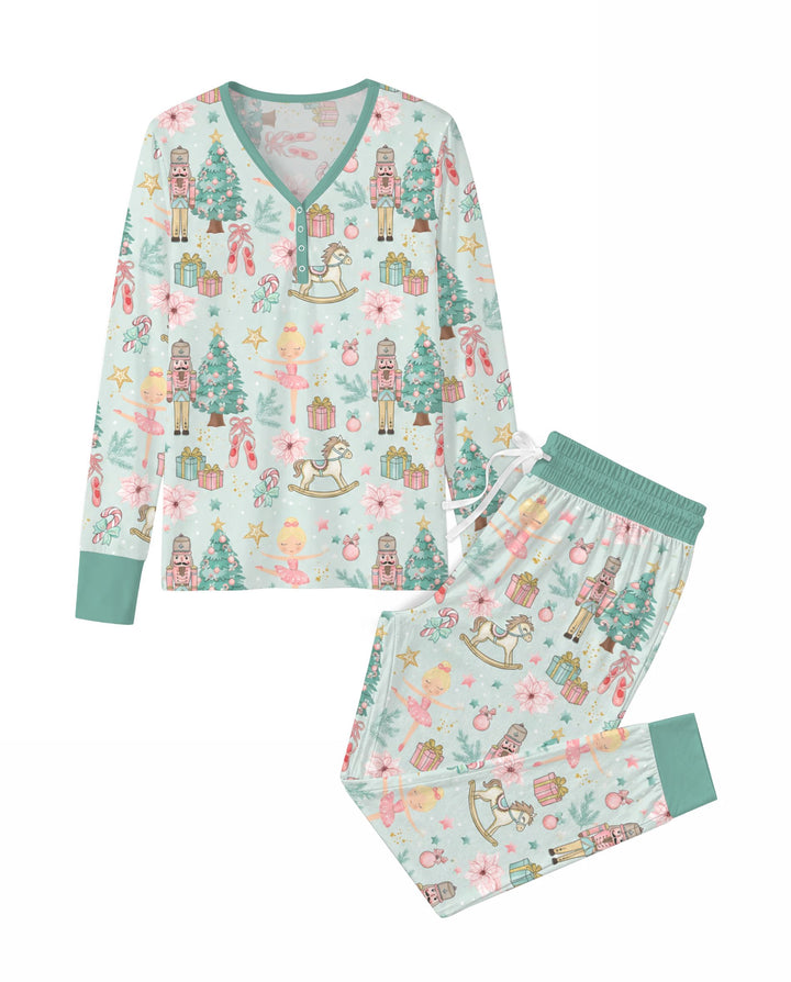 Pastel Nutcracker Ballerina Christmas Seamless Pattern Bamboo Women Pajama Set