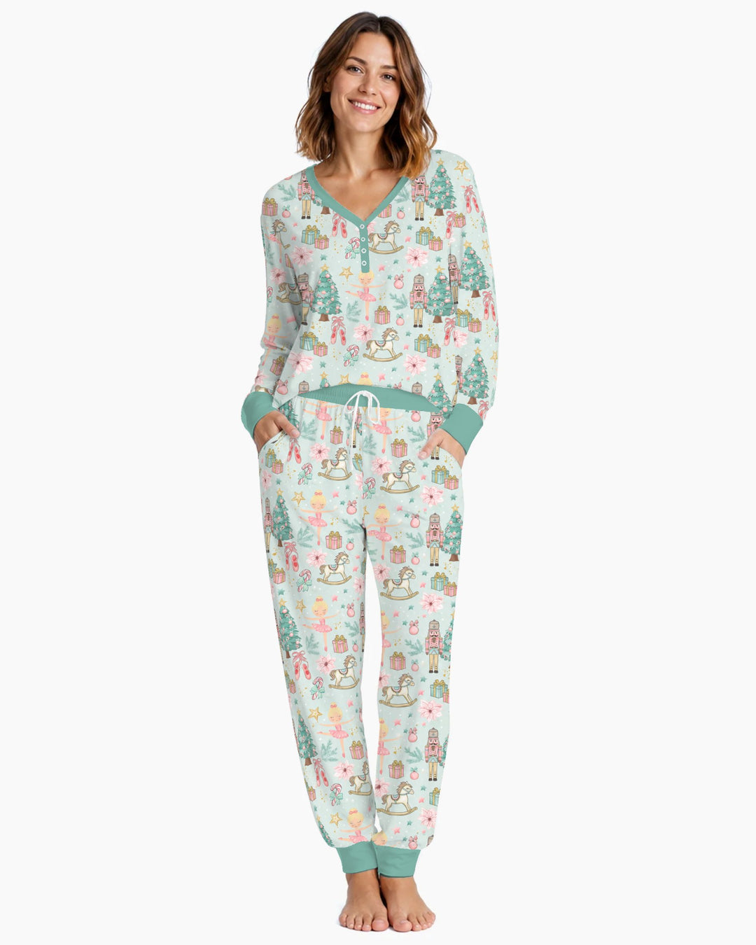 Pastel Nutcracker Ballerina Christmas Seamless Pattern Bamboo Women Pajama Set