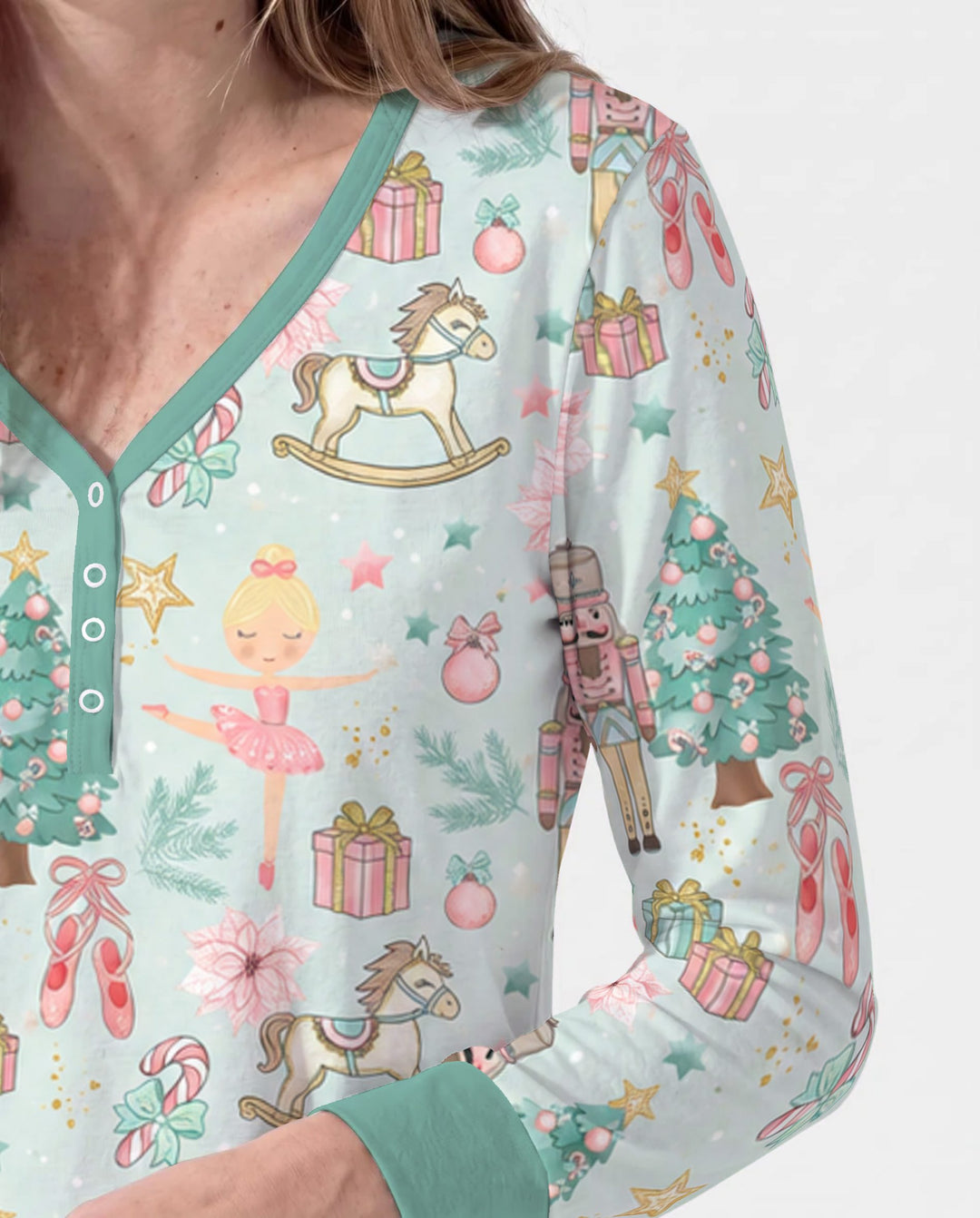 Pastel Nutcracker Ballerina Christmas Seamless Pattern Bamboo Women Pajama Set