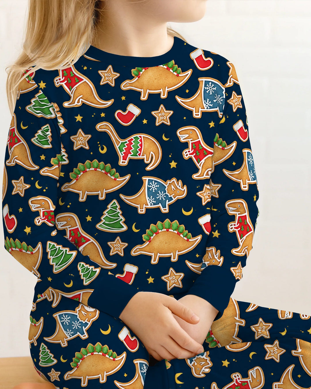 Christmas Dinosaur Gingerbread Cookies Bamboo Two Piece Long Sleeve Pajama Set