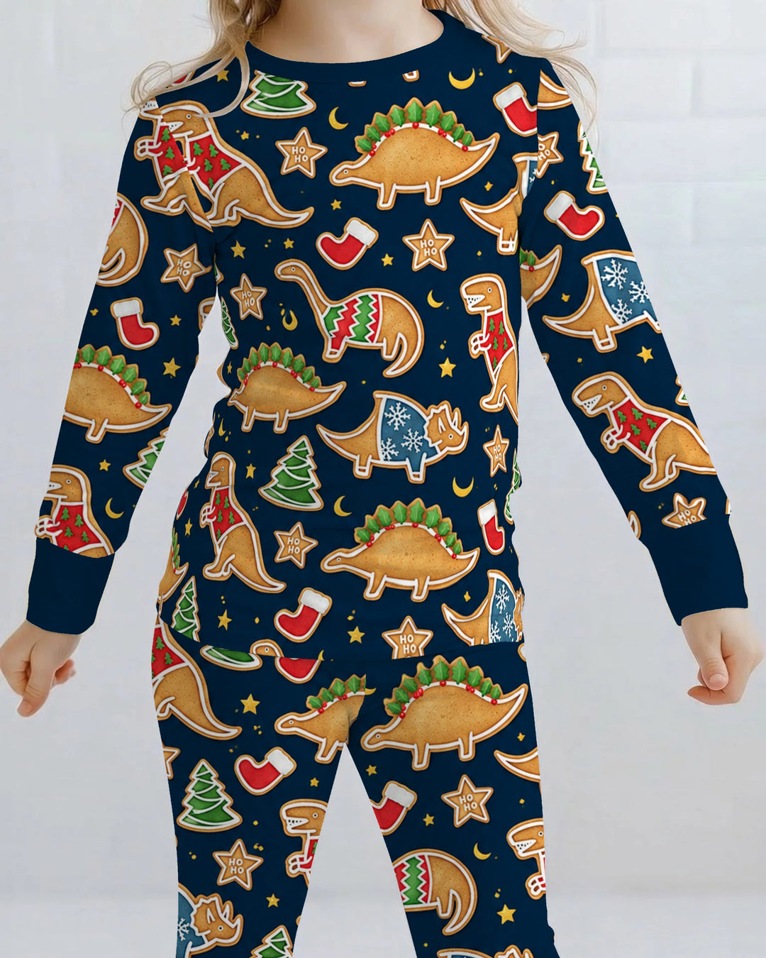 Christmas Dinosaur Gingerbread Cookies Bamboo Two Piece Long Sleeve Pajama Set