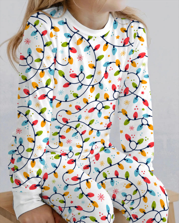 Colorful Christmas String Lights Bamboo Two Piece Long Sleeve Pajama Set