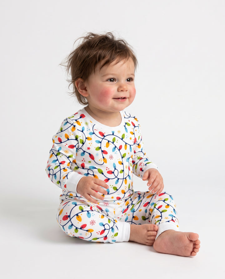 Colorful Christmas String Lights Bamboo Two Piece Long Sleeve Pajama Set