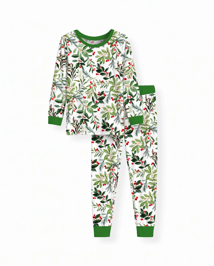 Watercolor Christmas Holly Greenery Bamboo Two Piece Long Sleeve Pajama Set