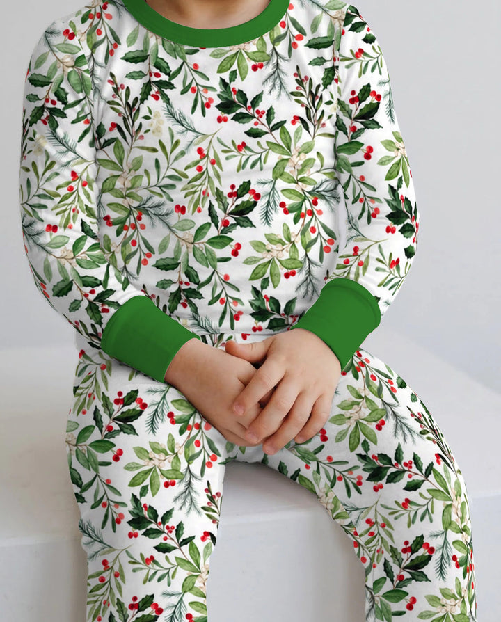 Watercolor Christmas Holly Greenery Bamboo Two Piece Long Sleeve Pajama Set