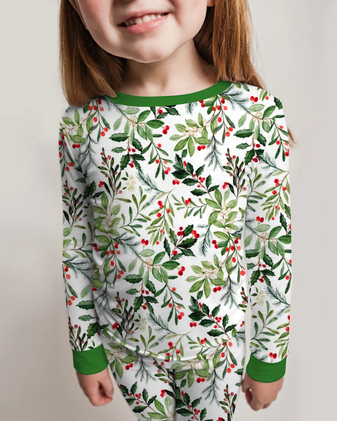 Watercolor Christmas Holly Greenery Bamboo Two Piece Long Sleeve Pajama Set