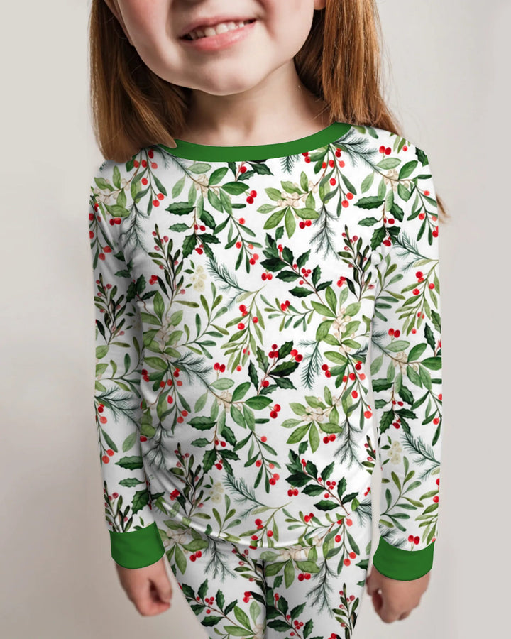 Watercolor Christmas Holly Greenery Bamboo Two Piece Long Sleeve Pajama Set