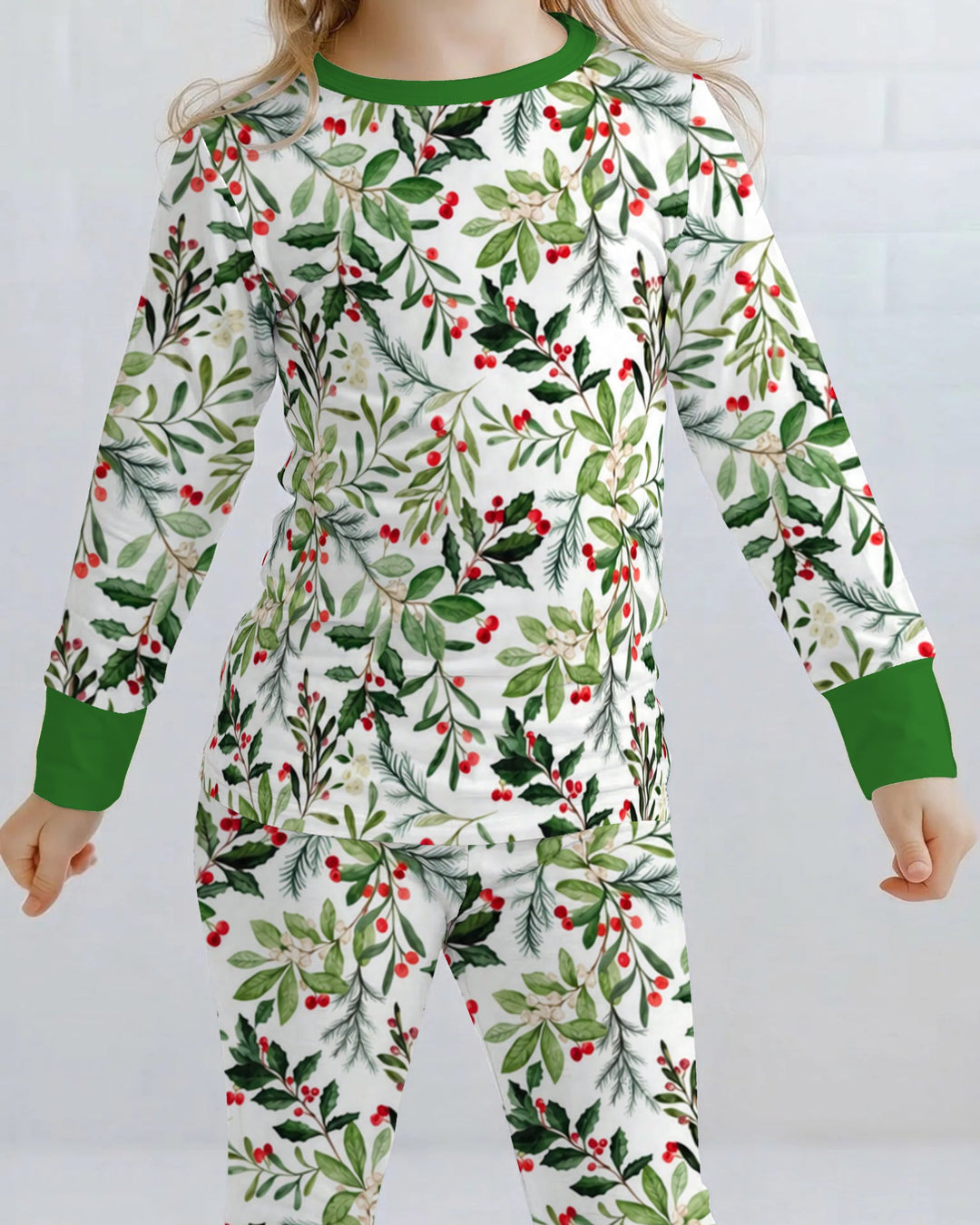 Watercolor Christmas Holly Greenery Bamboo Two Piece Long Sleeve Pajama Set