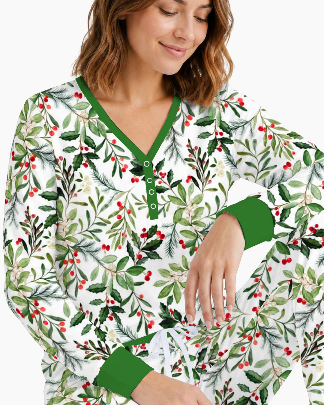 Watercolor Christmas Holly Greenery Bamboo Women Pajama Set