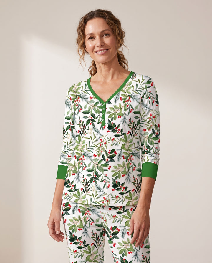 Watercolor Christmas Holly Greenery Bamboo Women Pajama Set