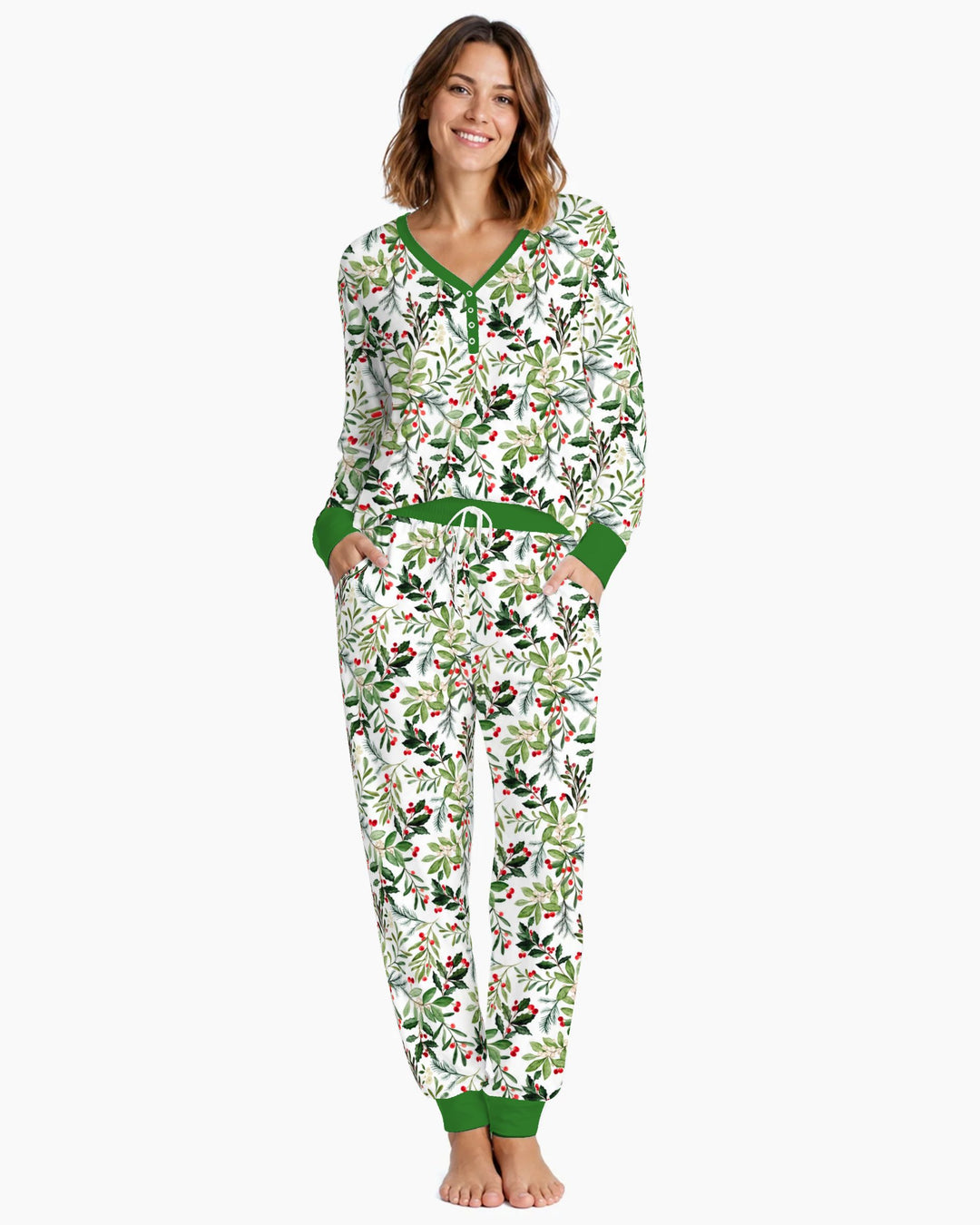 Watercolor Christmas Holly Greenery Bamboo Women Pajama Set