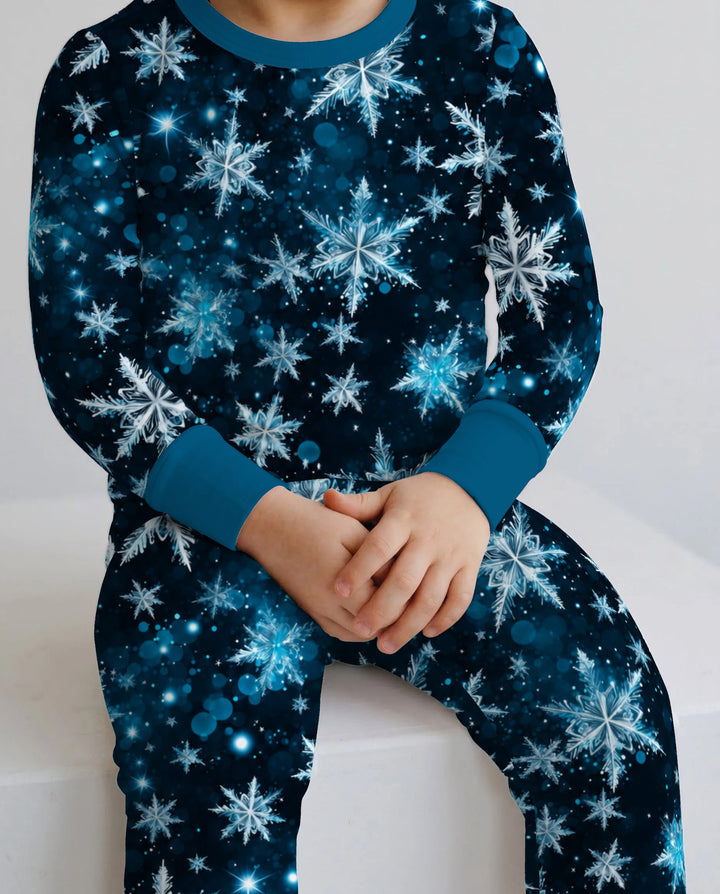 Midnight Blue Sparkling Snowflakes Bamboo Two Piece Long Sleeve Pajama Set