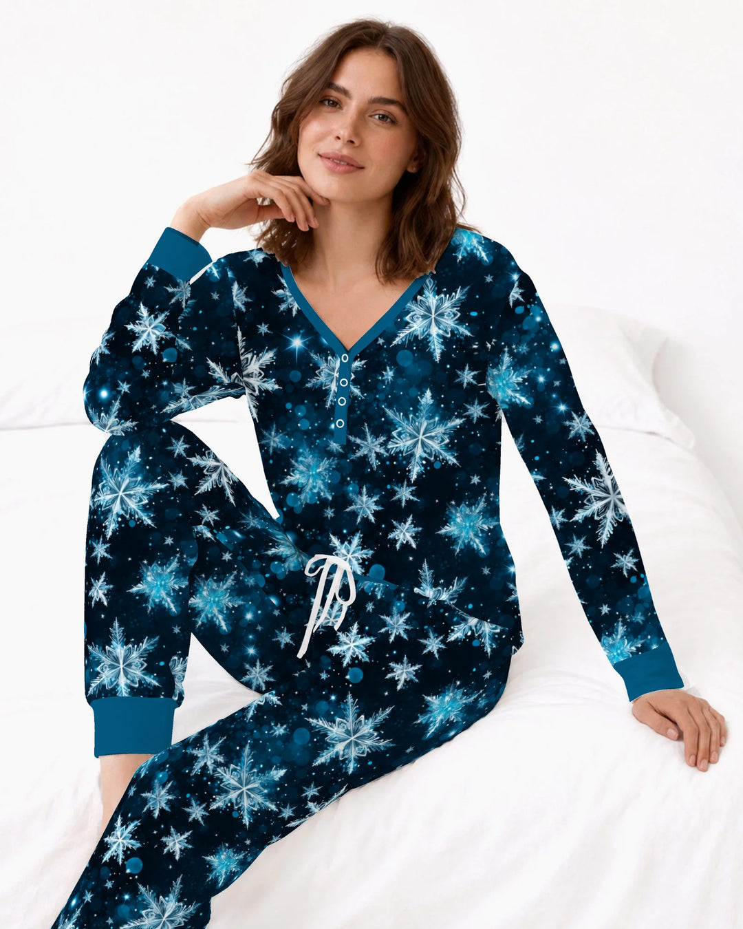 Midnight Blue Sparkling Snowflakes Bamboo Women Pajama Set