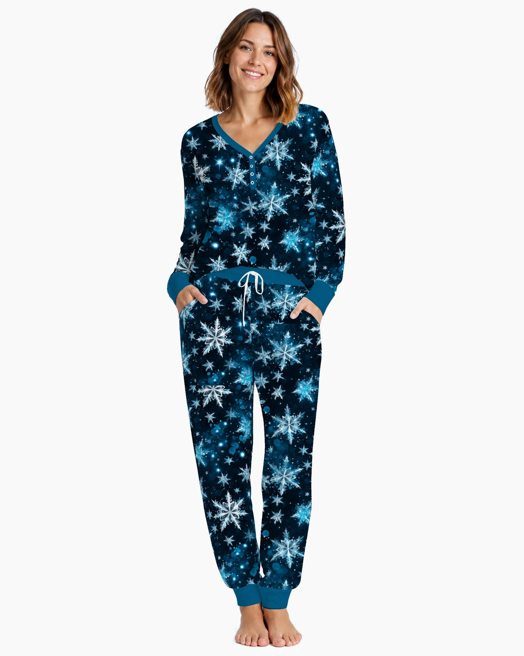 Midnight Blue Sparkling Snowflakes Bamboo Women Pajama Set