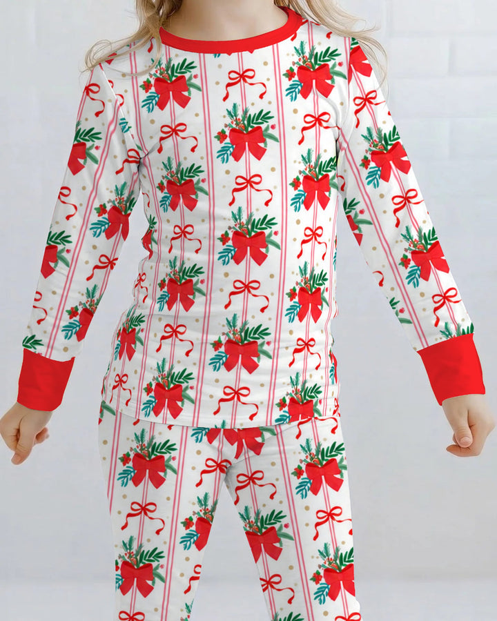 Christmas Red Bow Holiday Ribbons Bamboo Two Piece Long Sleeve Pajama Set