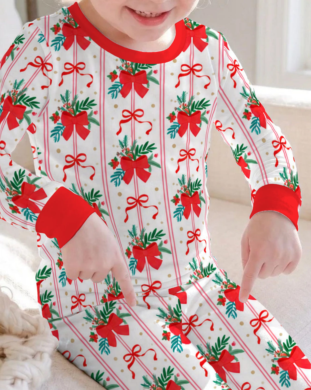 Christmas Red Bow Holiday Ribbons Bamboo Two Piece Long Sleeve Pajama Set